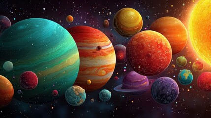 Wall Mural - Colorful depiction of planets and celestial bodies in space
