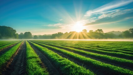Wall Mural - Sunlit morning view of a green field marked by tractor trails