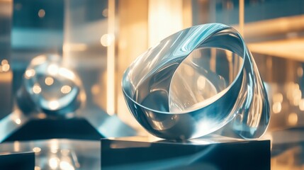 Futuristic transparent sculpture displayed with glowing blue light and sleek geometric form