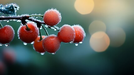 Aufkleber - Plump red cherries hang on a branch, adorned with sparkling morning dew against a blurred green background, showcasing nature's beauty at dawn