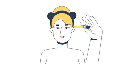 Poster - Caucasian woman performing skincare steps 2D animation. Face cleansing, applying serum, microneedling roller. Blonde female animated character cartoon flat concept explainer 4K video isolated on white