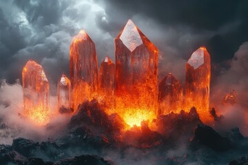 Wall Mural - a volcano erupts, but instead of lava, it spews crystals with mysterious properties.