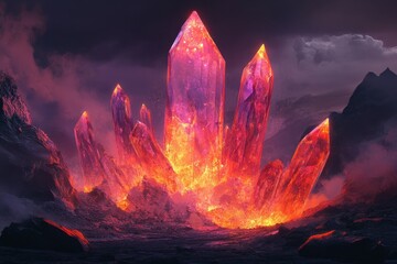 Wall Mural - a volcano erupts, but instead of lava, it spews crystals with mysterious properties.