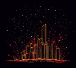 Poster - Abstract glowing city skyline with futuristic skyscrapers illuminated by red and orange lines and particles on dark background digital vector design