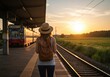 © Ozz - A woman waits at the train station at sunset, ready to start her travel adventure with the train arriving.