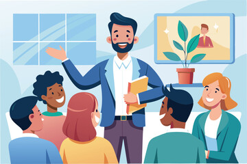 Aufkleber - Business presentation held in a modern office featuring a speaker engaging with a diverse audience while using visual data representations for effective communication