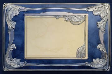 Poster - Decorative silver frame with intricate floral design on deep blue background