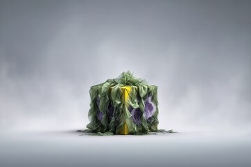 Fototapete - Unique colorful box wrapped in translucent cloth placed against a soft grey backdrop