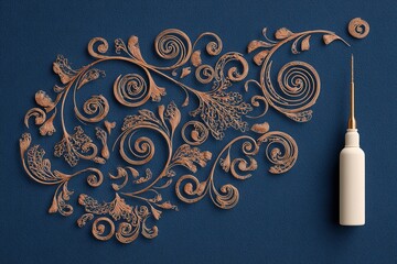 Poster - Creative floral design using golden threads on a dark blue surface showcases intricate patterns and artistic skill in crafting
