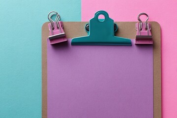 Poster - Colorful clipboard with blank purple sheet on vibrant pink and turquoise background