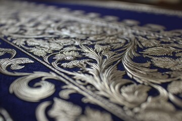 Poster - Intricate silver embroidery on deep blue fabric showcasing detailed craftsmanship and artful design elements