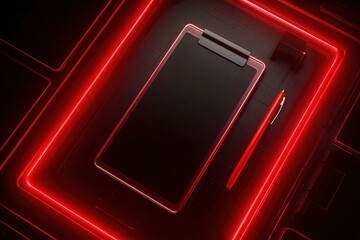 Poster - Stylish black notebook with red accents and pen on a dark background illuminated by red lights in a modern workspace