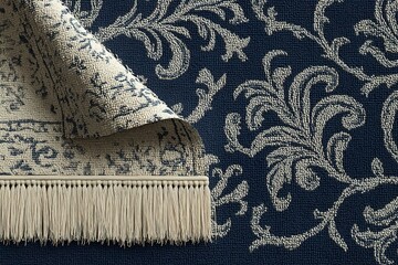 Poster - Elegant patterned rug laying over a darker fabric in a bright indoor setting reveals intricate details and textures