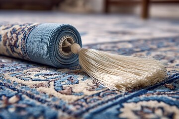 Poster - Elegant rolled rug with intricate patterns resting on a patterned floor in a cozy interior setting