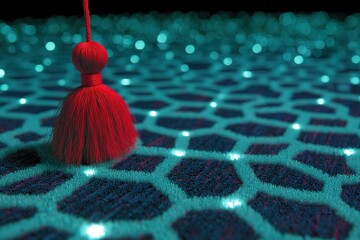 Poster - Vibrant red tassel resting on a geometric patterned surface illuminated by soft blue lights