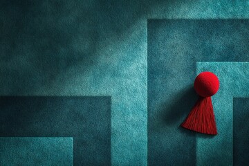 Poster - Unique decorative red tassel on teal textured surface in geometric arrangement
