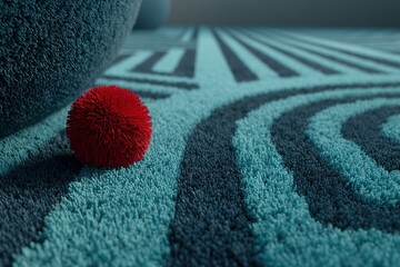 Poster - Bright red pom pom on a textured blue rug with wavy patterns in a modern room setting