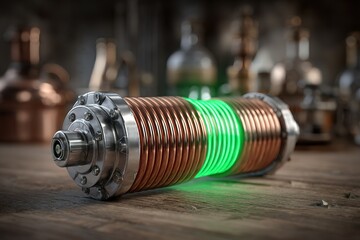 Poster - Copper coil with glowing green light sits on a wooden surface surrounded by glass bottles and metal equipment in a workshop
