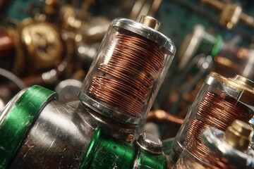 Poster - Copper coils and machinery components in a close-up, showcasing intricate engineering and craftsmanship in a workshop setting