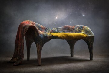 Poster - Unique artistic bench design featuring colorful fabric and a yellow cushion in a cosmic-themed setting