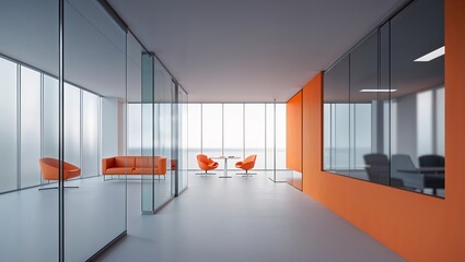 Poster - Modern office interior with orange accents and large windows overlooking the city