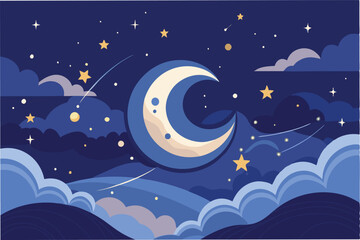 Poster - Vector illustration depicting a crescent moon surrounded by stars and clouds in a dark blue night sky highlighting cosmic beauty and tranquility