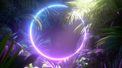 Poster - Neon circle shape glowing in a tropical jungle at night in 80s synthwave style