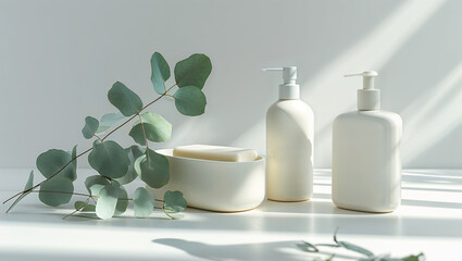 Poster - Elegant bathroom display featuring minimalist skincare products and lush greenery in soft morning light