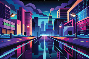 Aufkleber - Colorful vector illustration depicting a vibrant urban cityscape at twilight with glowing buildings and a reflective street surface
