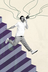 Aufkleber - Art creative collage of person stand high ladders step on pastel background