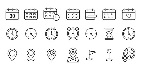 Poster - Time, date and address line icons set. calendar, clock, gps point, flag point, globe point  Containing hourglass, pin, stopwatch. Editable stroke for mobile and web. Isolated on white background.