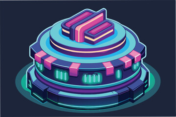 Poster - Modern vector illustration of a futuristic geometric structure with glowing elements and a central pyramid set against a dark background