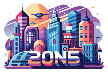Poster - Modern city skyline illustration for the year 2025 showcasing futuristic buildings, transportation, and vibrant colors representing urban life
