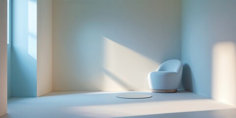 Poster - Minimalist interior design showcases a single chair and soft lighting in a serene, untouched space
