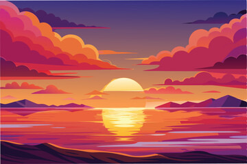 Poster - Beautiful sunset over tranquil waters with colorful clouds and distant mountains reflected in the calm sea