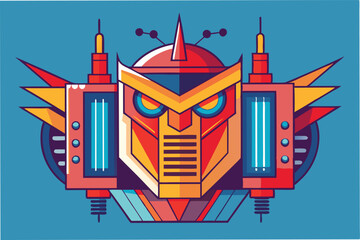 Poster - Bold vector illustration of a stylized robotic face with vibrant colors and geometric shapes, combining retro and futuristic design elements