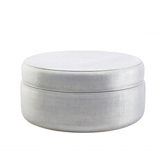 Poster - A small, round, closed silver tin container with a slightly textured surface sits on a white background, showcasing its simple and minimalist design for storage.