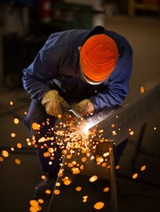 Poster - A man in an orange hard hat is welding metal on a workbench, creating sparks as he works.