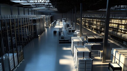 Poster - Spacious warehouse interior with storage units and equipment.