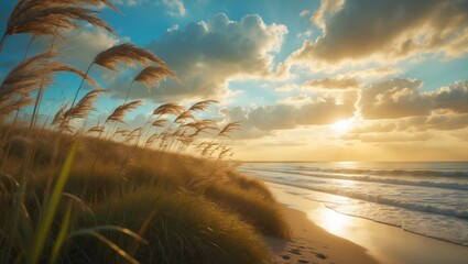 Poster - By the beach, the sea oats move gracefully in the breeze amidst a scenery of fluffy clouds and a sinking sun, evoking a tranquil, dreamlike feeling.