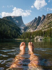 Poster - A person's feet in the water of a lake, surrounded by mountains and trees.