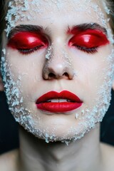 Poster - A woman's face covered in glittery red makeup, including eyeshadow and lipstick, against a dark background.