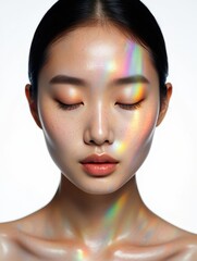 Poster - A woman's face with closed eyes, reflecting a spectrum of colors on her skin, possibly from light or makeup.