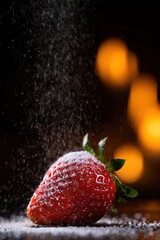 Poster - A strawberry covered in sugar on a dark surface.
