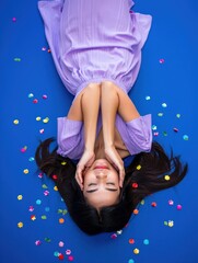 Poster - Woman lying on blue background with eyes closed, hands clasped together in front of face, surrounded by colorful confetti.
