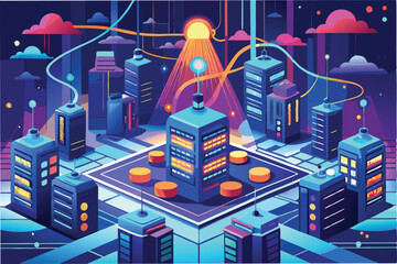Poster - Vibrant vector illustration of a futuristic cityscape at sunset featuring modern buildings, technology elements, and a captivating play of light and shadows