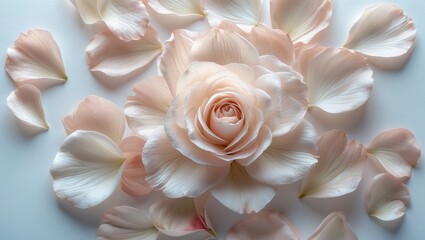 Poster - top-down close-up of gentle and light petals against a white background. concept of love. flat lay.