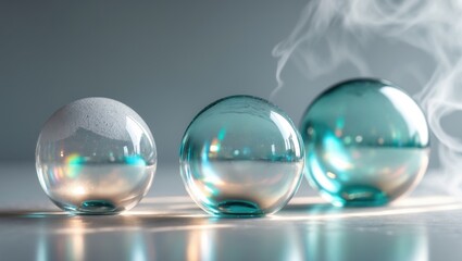 Poster - Abstract background featuring a glass ball with rainbow refraction set against a blurred gray grain texture. Light and shadow smoke create a spacious feel.