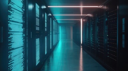 Poster - Sleek modern data center corridor with futuristic lighting and active servers, ideal for cloud services, IT security, digital infrastructure, and advanced computing visuals