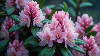 Wall Mural - delicate pink flowers in close view. evergreen bloom shrub.
